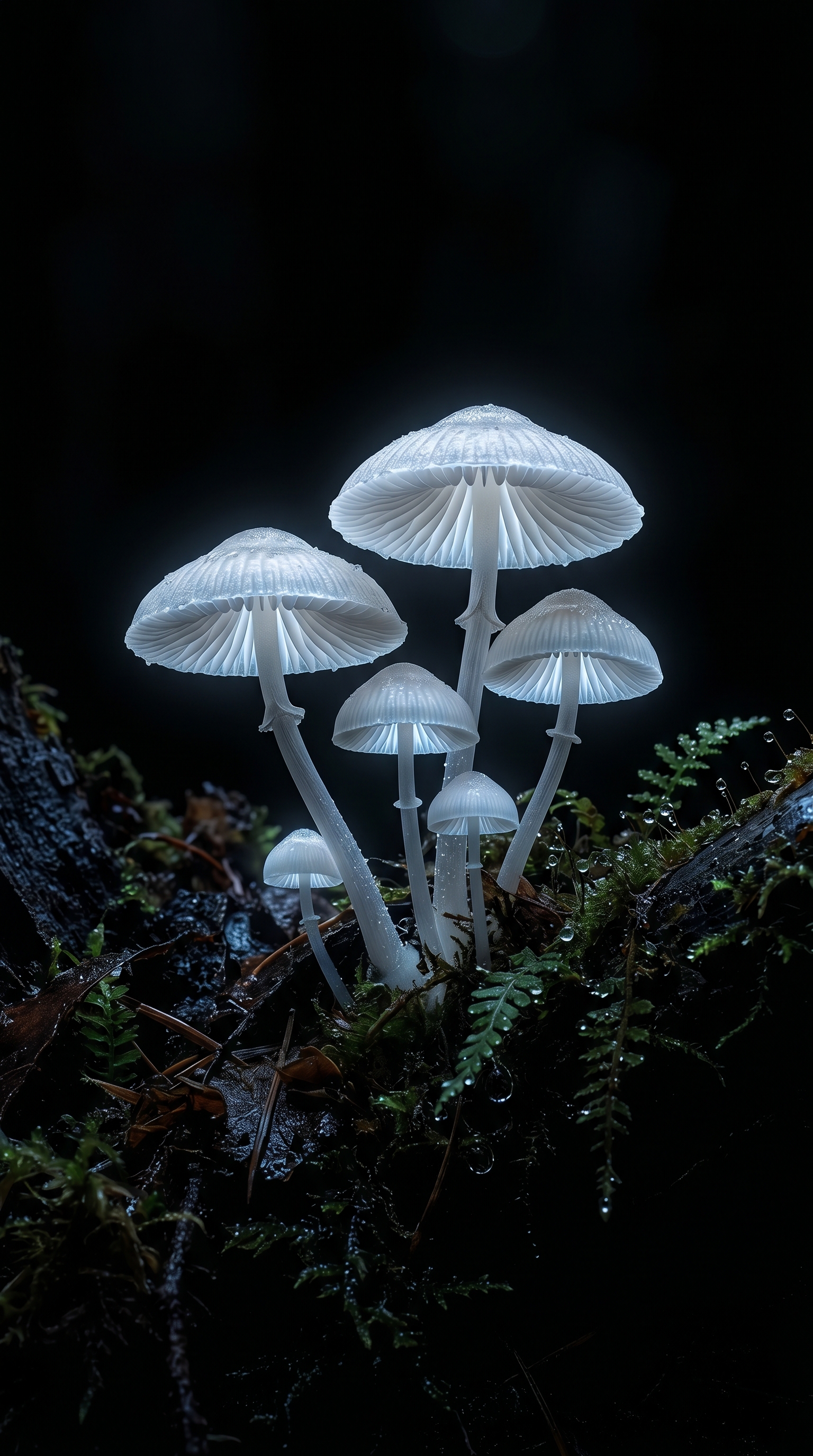 White Mushrooms Glowing In Darkness